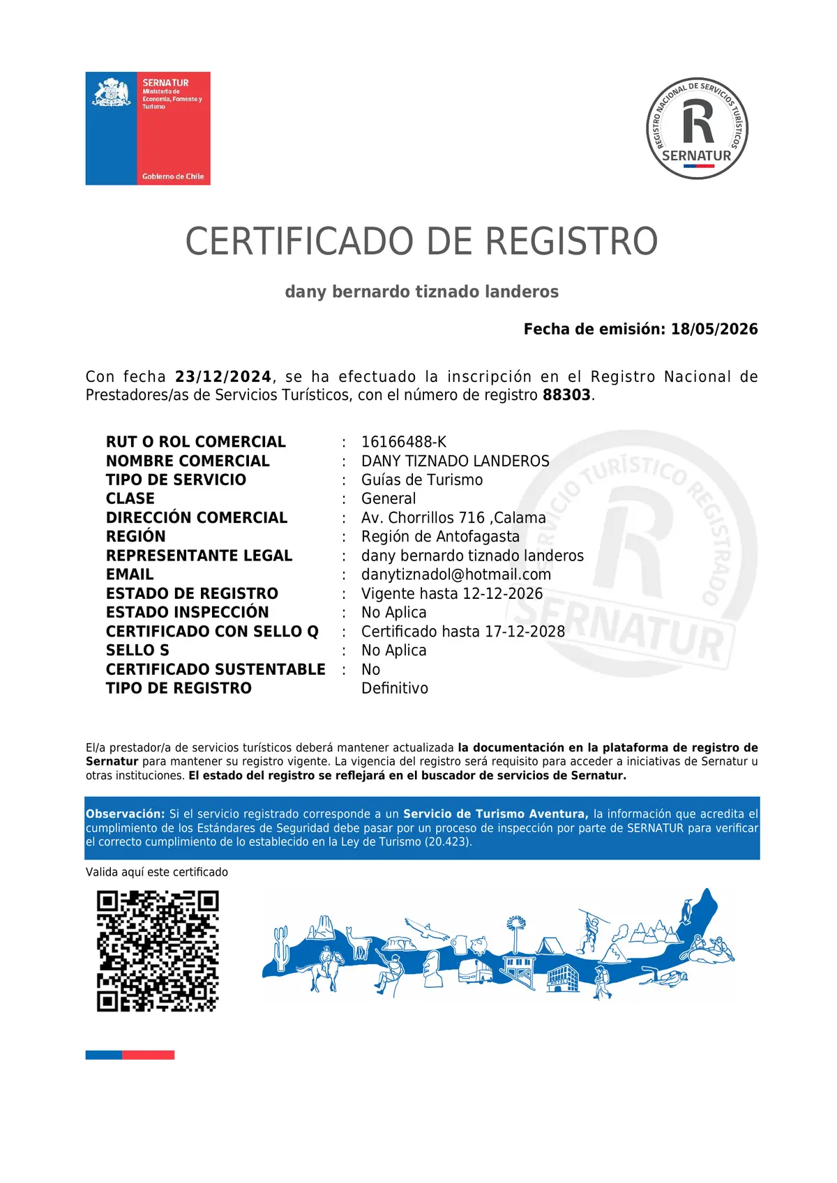 Certificado Guía de Turismo General SERNATUR #88303 con Sello de Calidad Q