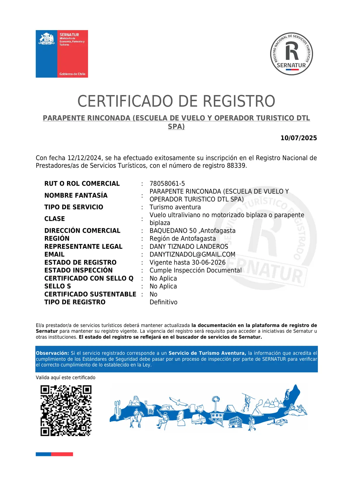 Certificado de Registro SERNATUR #88339 - Operador Turístico Parapente Rinconada